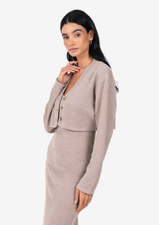 L'COUTURE Rib Knit Lounge Cropped Cardigan Taupe