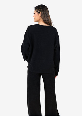 L'COUTURE Rib Knit Lounge V-Neck LS Top Black