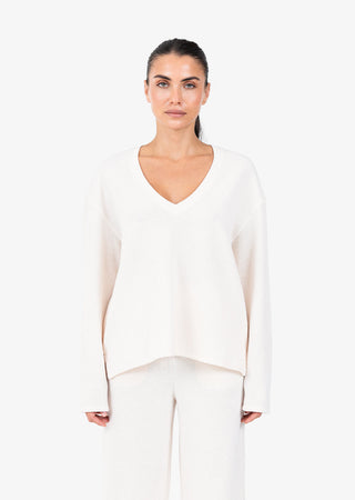 L'COUTURE Rib Knit Lounge V-Neck LS Top Oatmeal