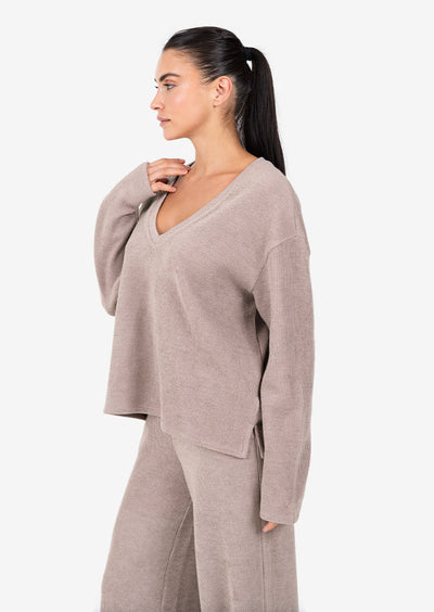 Rib Knit Lounge V-Neck LS Top Taupe