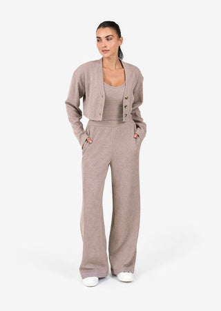 L'COUTURE Rib Knit Lounge V-Neck LS Top Taupe