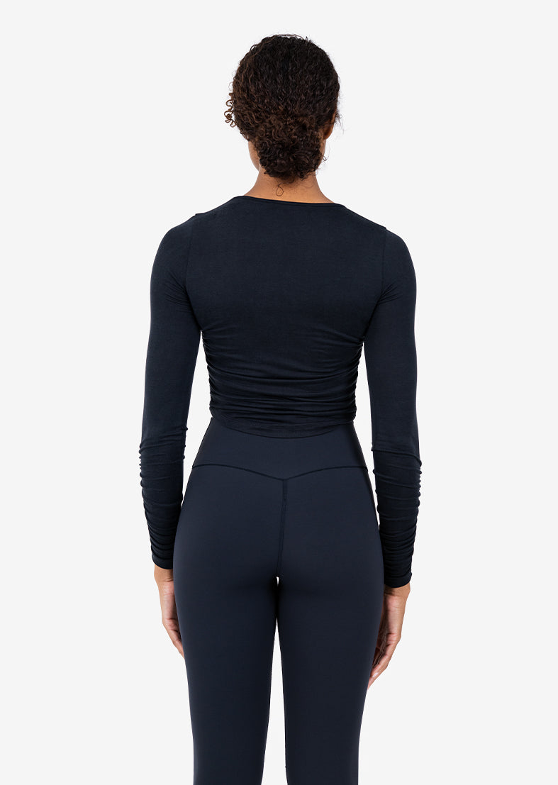 L'COUTURE Silk Ruched Long Sleeve Top Black
