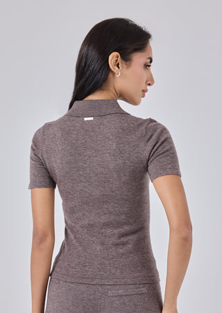 LC Blend Polo Top Women Merino Wool Blend Polo Top Taupe Marl