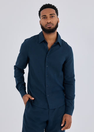 LC Shirt Men Linen Shirt Long Sleeve Dark Navy