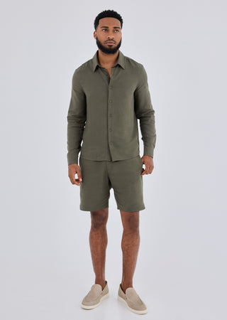 LC Shirt Men Linen Shirt Long Sleeve Khaki Green